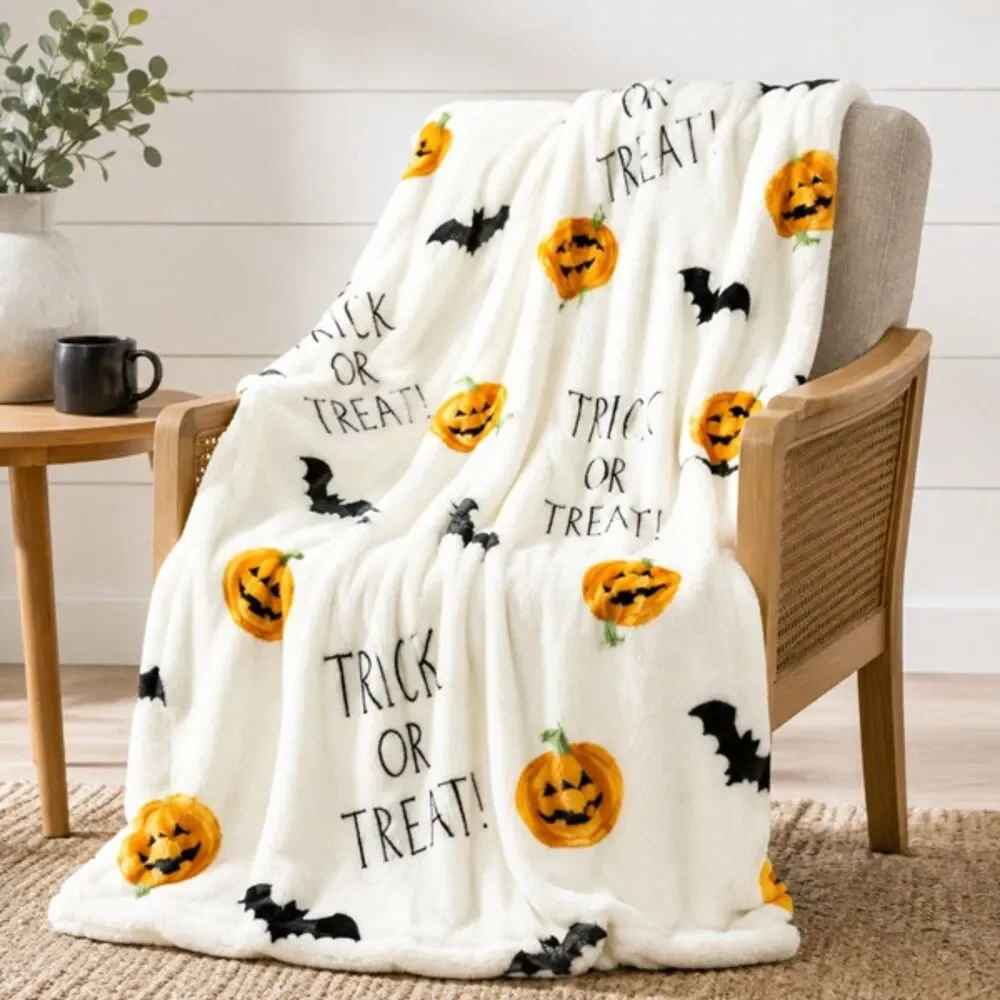 NWT Rae Dunn Trick Or Treat Plush Throw Halloween Bat Pumpkin Blanket 50×70